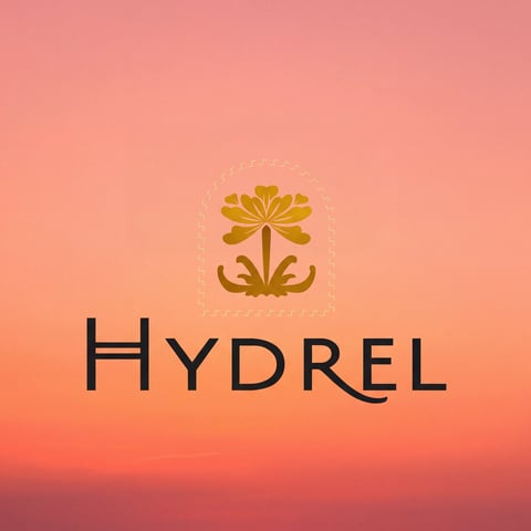 Hydrel logo with golden flower icon on a coral to red gradient background