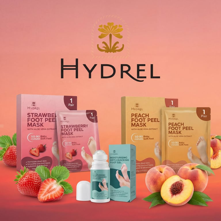 Hydrel foot peel mask product line featuring strawberry and peach variants with fresh fruits and packaging